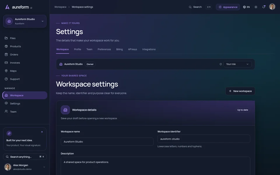Vista previa de Ajustes del workspace